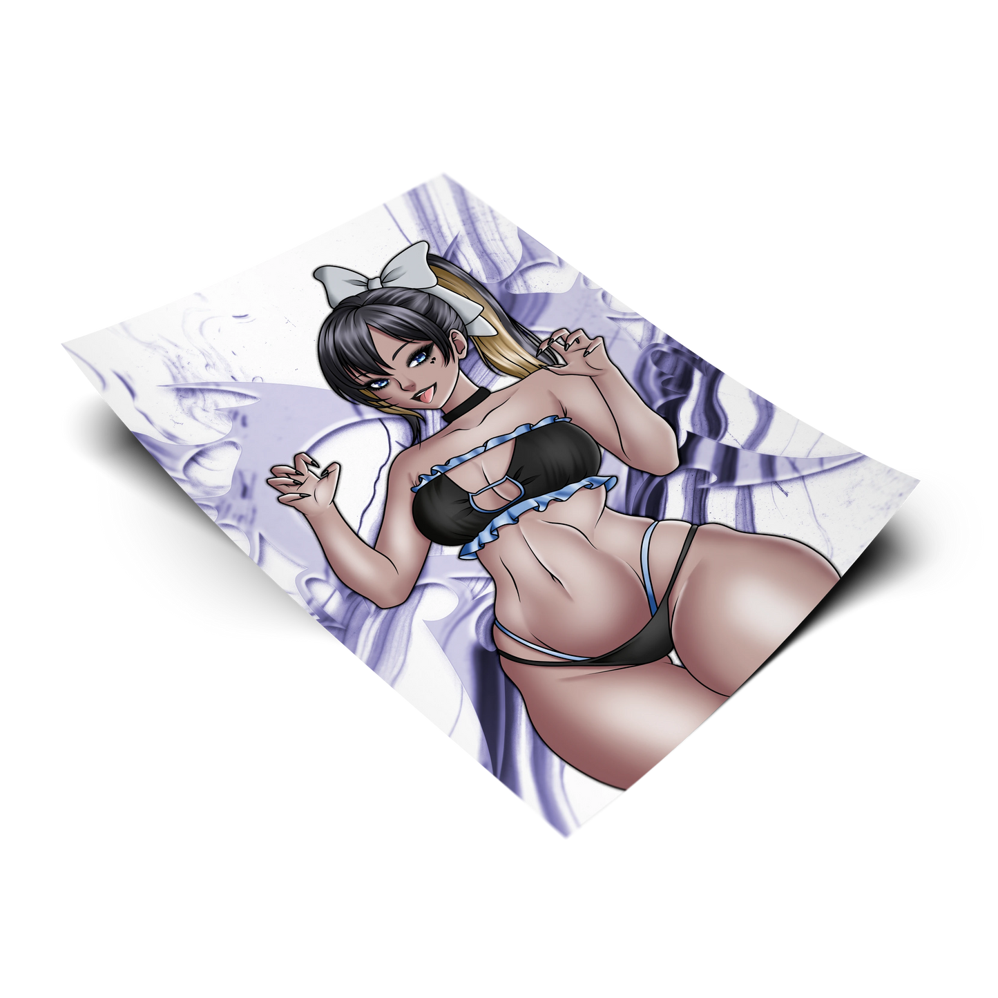 Noise art print from NIKKE: Goddess of Victory, flat lay render with purple smoke background, black and blue ruffled bikini outfit.