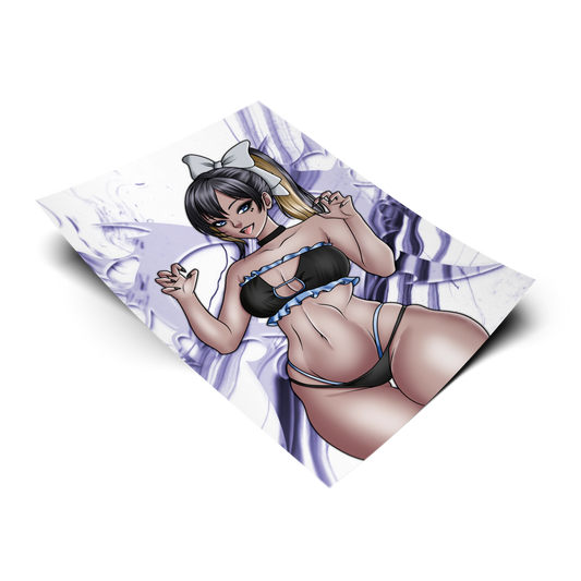 Noise art print from NIKKE: Goddess of Victory, flat lay render with purple smoke background, black and blue ruffled bikini outfit.