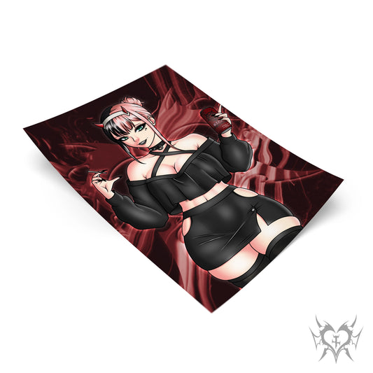 Goth Zero Two art print with red smoke background, Darling in the Franxx fan art featuring red devil horn headband and cigarette.