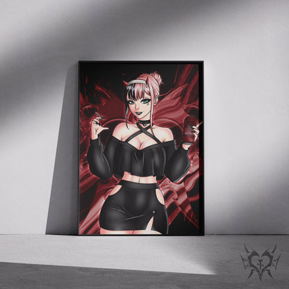 Goth Zero Two Darling in the Franxx art print displayed in a black frame against a grey wall, digital mockup of red smoke background artwork.