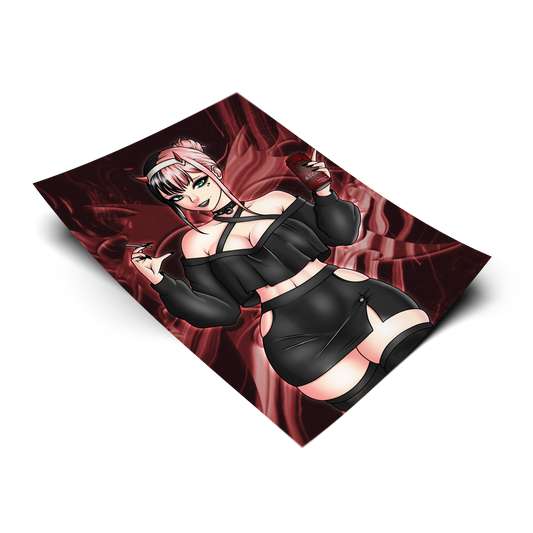 Goth Zero Two art print from Darling in the Franxx, flat lay render with red smoke background, pink hair and black off-shoulder outfit, holding an energy drink can.