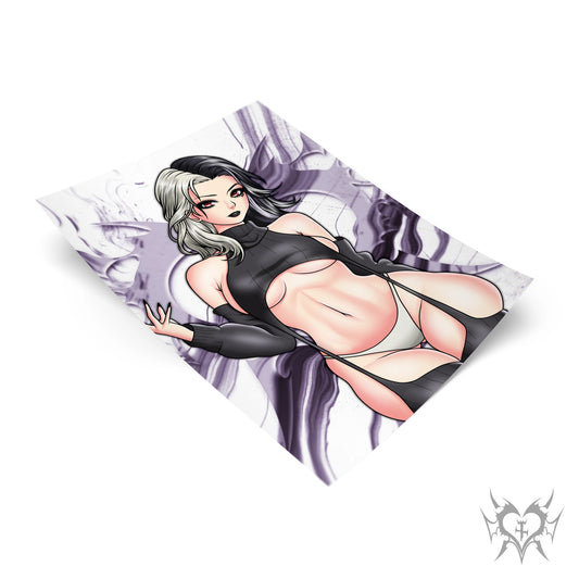 Rosanna art print with purple smoke background, NIKKE: Goddess of Victory fan art featuring silver and black split hair.