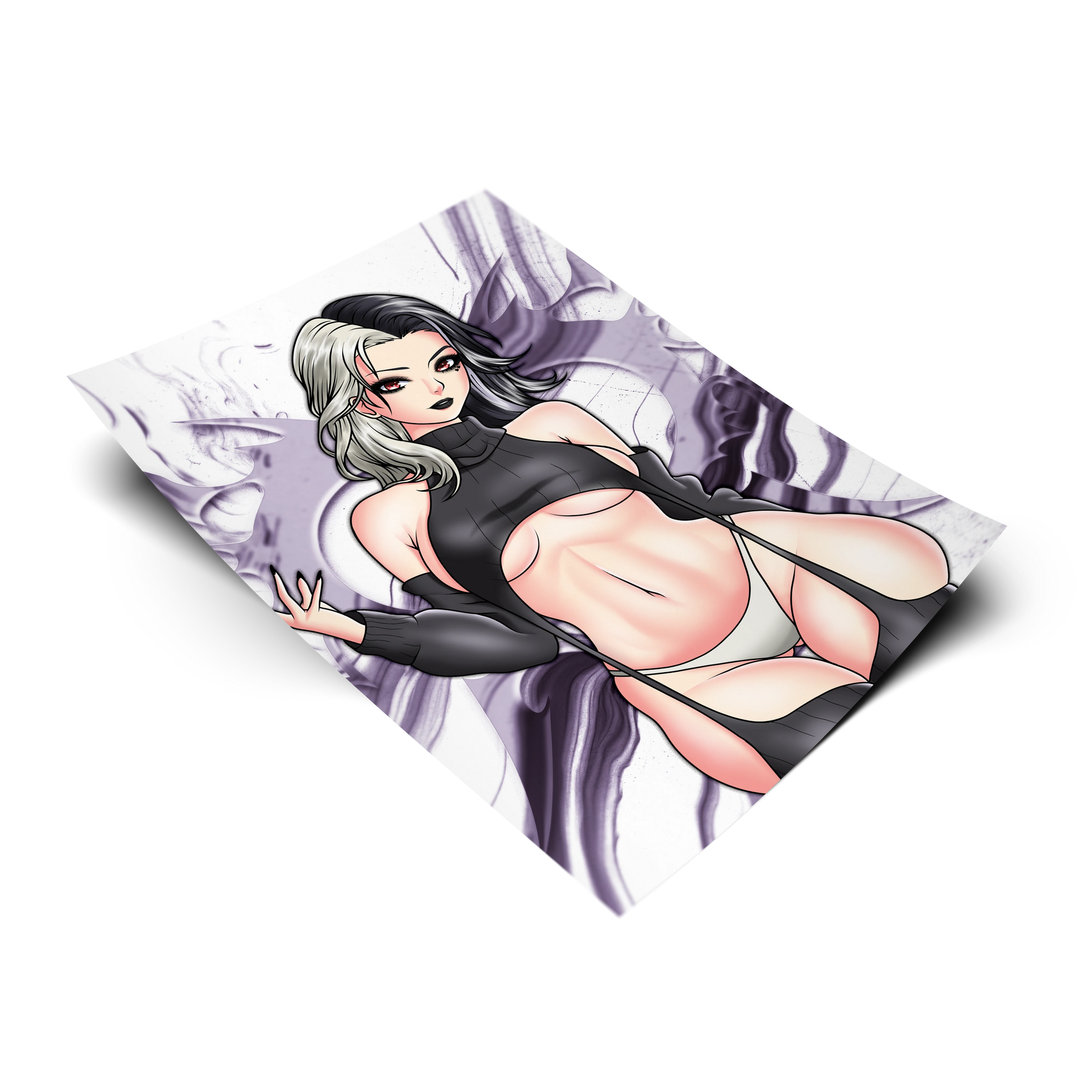 Rosanna art print from NIKKE: Goddess of Victory, flat lay render with purple smoke background, black turtleneck crop top and white bikini bottom.