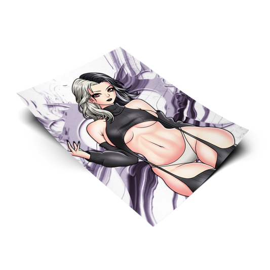 Rosanna art print from NIKKE: Goddess of Victory, flat lay render with purple smoke background, black turtleneck crop top and white bikini bottom.