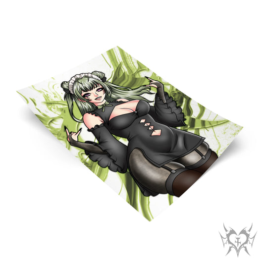 Soda art print with green smoke background, NIKKE: Goddess of Victory fan art featuring sage green twintail buns and white maid headband.