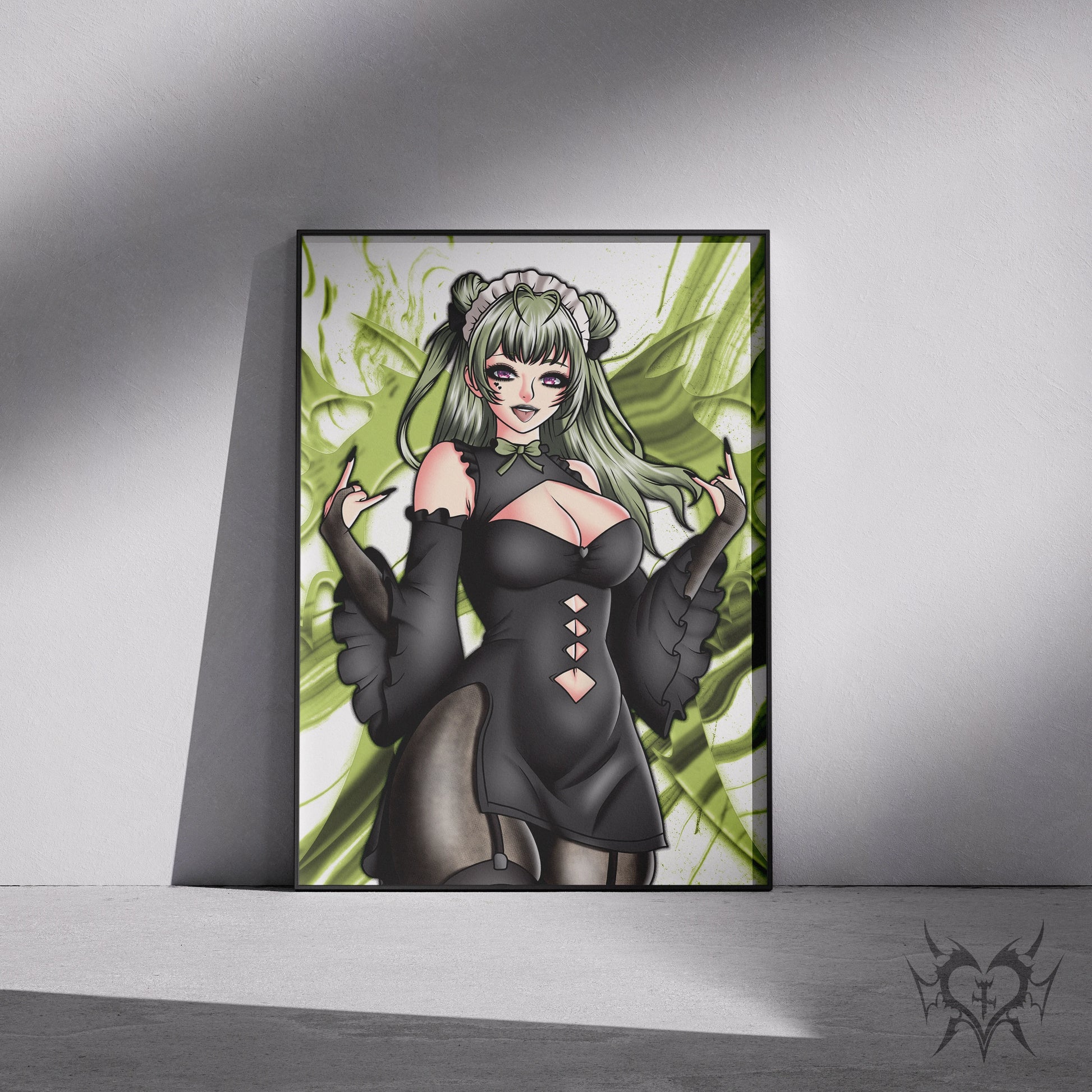 Soda NIKKE: Goddess of Victory art print displayed in a black frame against a grey wall, digital mockup of green smoke background artwork.