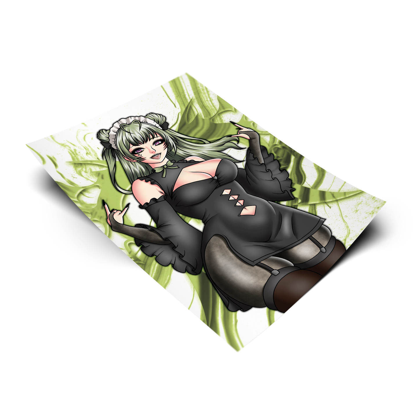 Soda art print from NIKKE: Goddess of Victory, flat lay render with green smoke background, black gothic lolita dress with diamond cutouts.