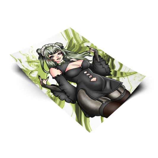 Soda art print from NIKKE: Goddess of Victory, flat lay render with green smoke background, black gothic lolita dress with diamond cutouts.