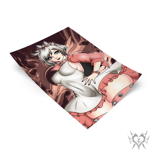 Elphelt Valentine art print with red smoke background, Guilty Gear Strive fan art featuring silver-white bob hairstyle and spiked headband.