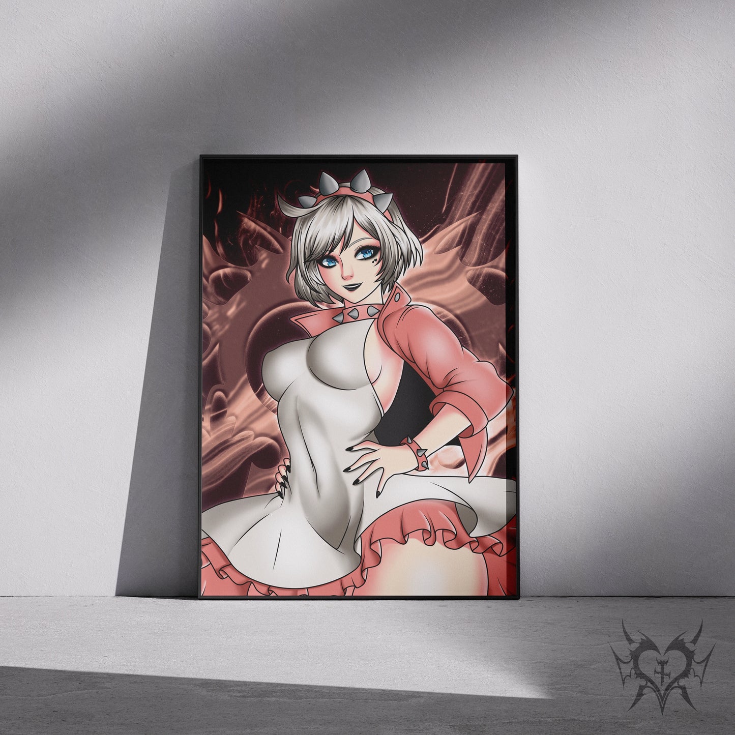 Elphelt Valentine Guilty Gear Strive art print displayed in a black frame against a grey wall, digital mockup of red smoke background artwork.