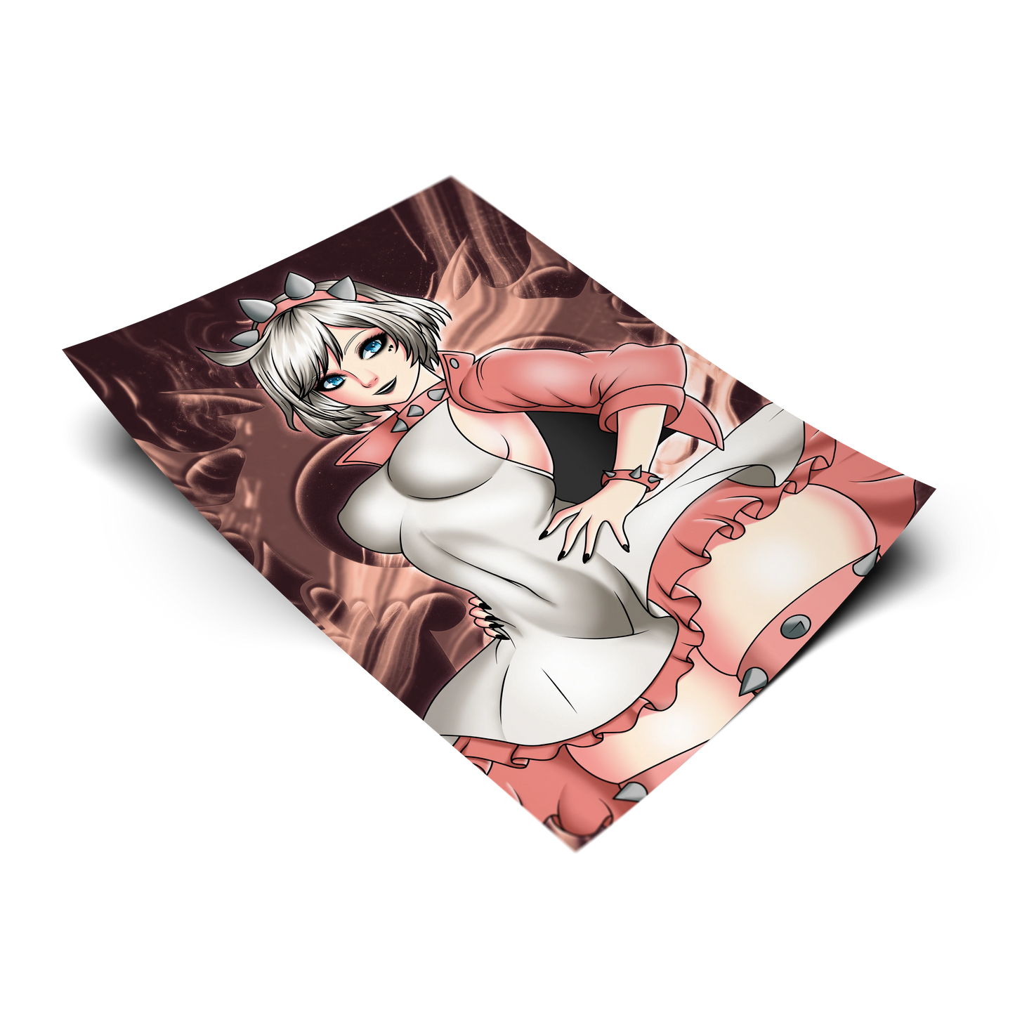 Elphelt Valentine art print from Guilty Gear Strive, flat lay render with red smoke background, white dress and pink spiked jacket.