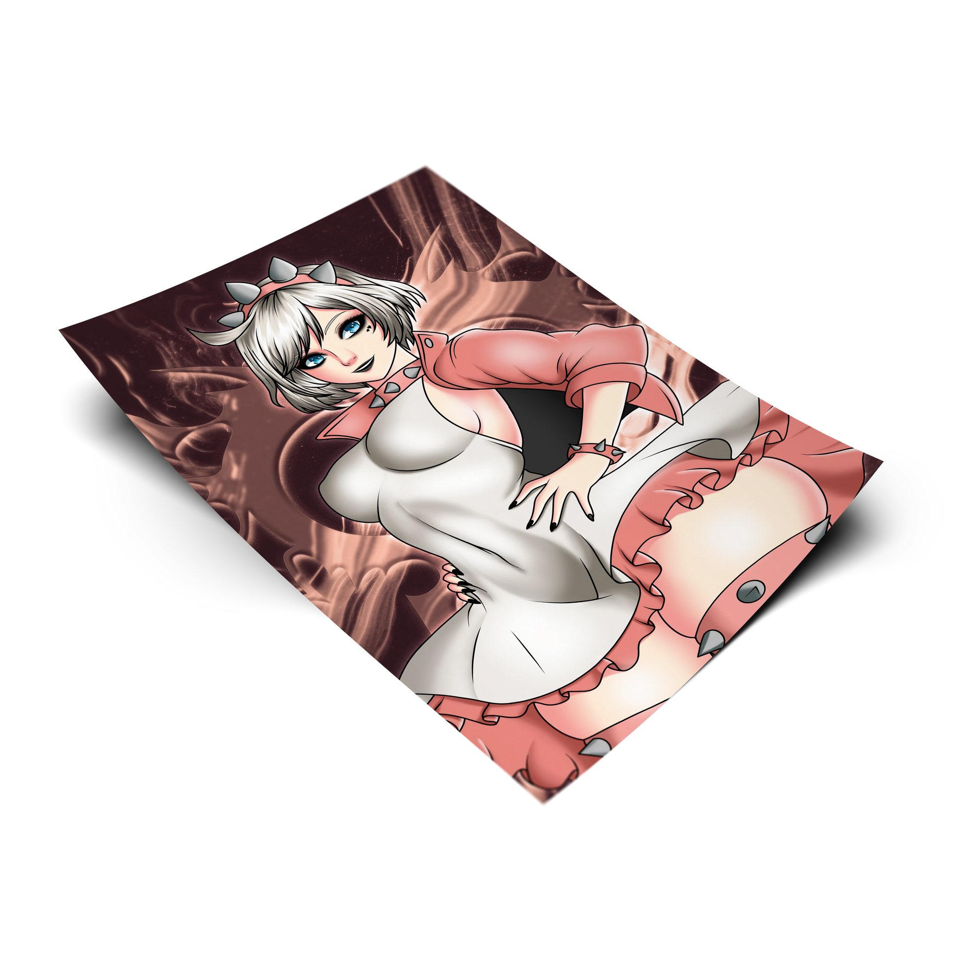 Elphelt Valentine art print from Guilty Gear Strive, flat lay render with red smoke background, white dress and pink spiked jacket.