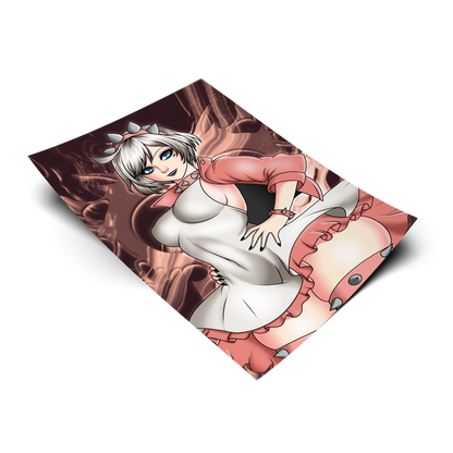 Elphelt Valentine art print from Guilty Gear Strive, flat lay render with red smoke background, white dress and pink spiked jacket.