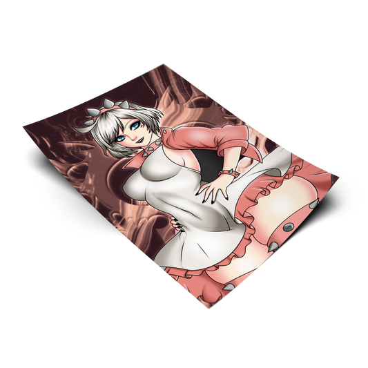 Elphelt Valentine art print from Guilty Gear Strive, flat lay render with red smoke background, white dress and pink spiked jacket.