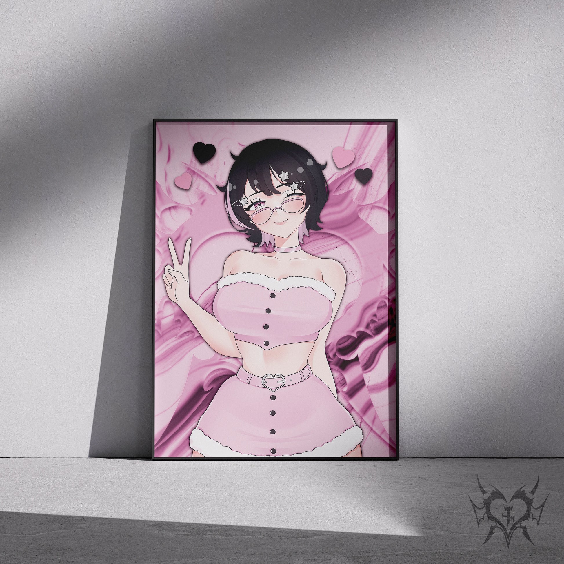 Cute Noushi Always Sick x Happy Ami collab art print displayed in a black frame against a grey wall, digital mockup of pink smoke background artwork.