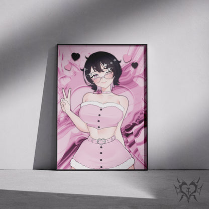Cute Noushi Always Sick x Happy Ami collab art print displayed in a black frame against a grey wall, digital mockup of pink smoke background artwork.