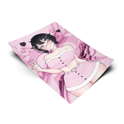 Cute Noushi art print, an Always Sick original character in collaboration with Happy Ami, flat lay render with pink smoke background.