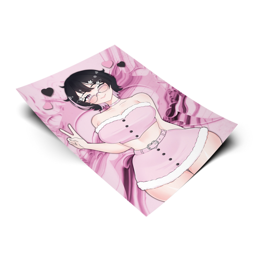 Cute Noushi art print, an Always Sick original character in collaboration with Happy Ami, flat lay render with pink smoke background.