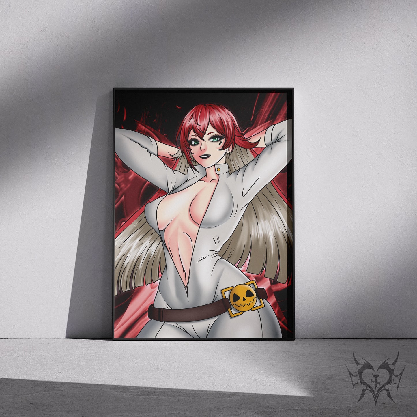Framed Jack-O' Valentine anime art print displayed in a black 11x17 frame leaning against a wall.
