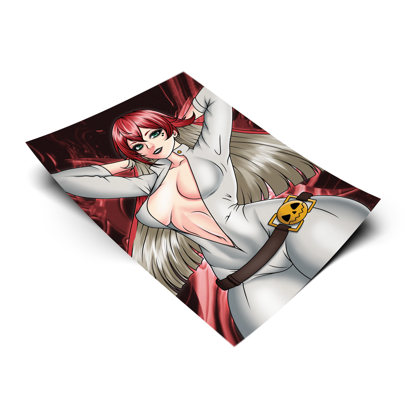 Jack-O' Valentine anime art print shown on a plain background. 11x17 Guilty Gear inspired poster of Jack-O' in her white bodysuit.