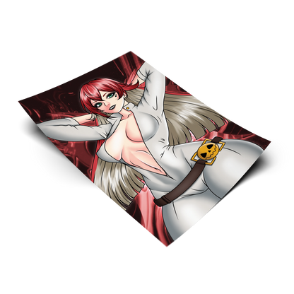 Jack-O' Valentine anime art print shown on a plain background. 11x17 Guilty Gear inspired poster of Jack-O' in her white bodysuit.
