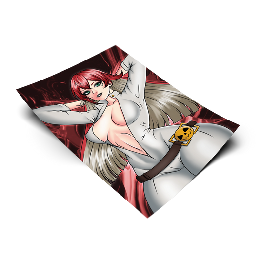 Jack-O' Valentine anime art print shown on a plain background. 11x17 Guilty Gear inspired poster of Jack-O' in her white bodysuit.