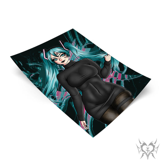 Goth Hatsune Miku anime art print with a teal and pink abstract background.