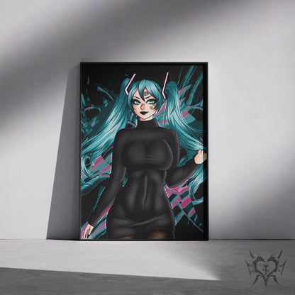 Framed Goth Hatsune Miku anime art print displayed in a black 11x17 frame leaning against a wall.