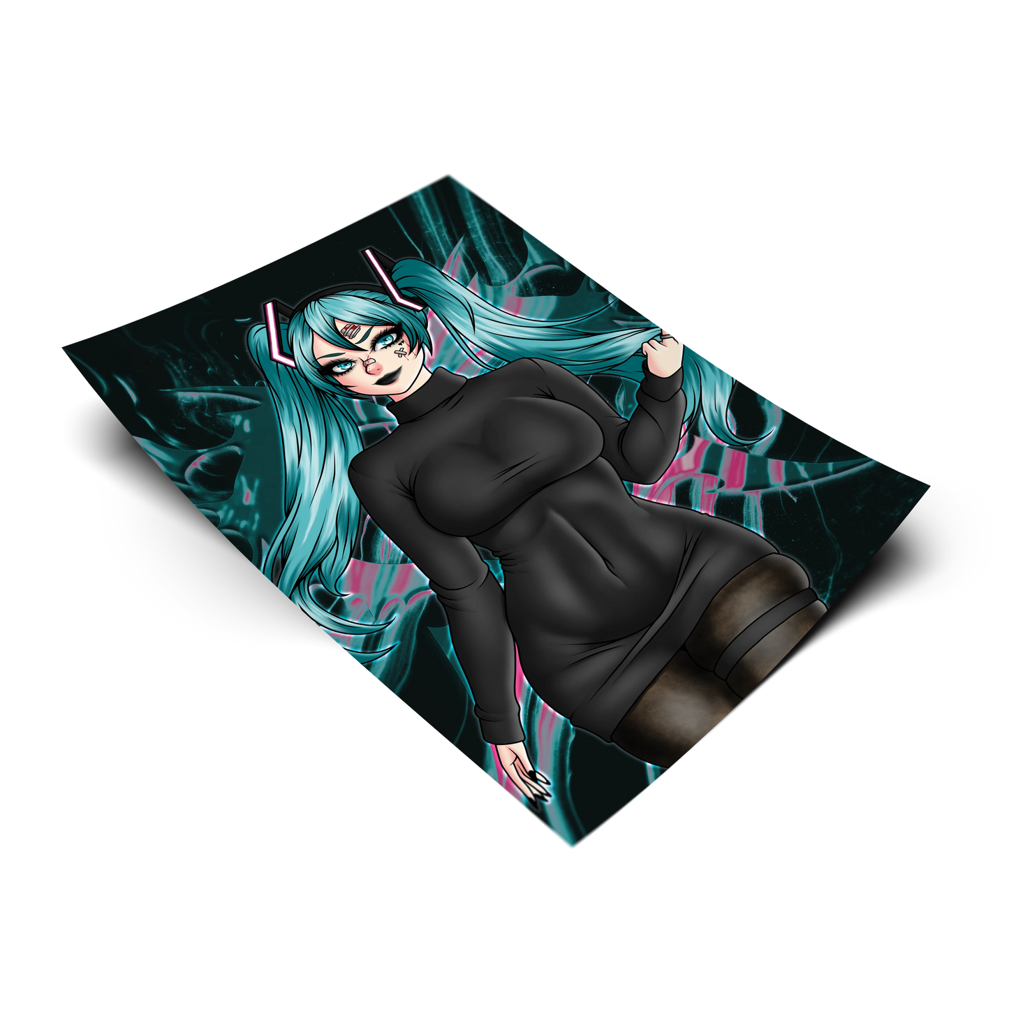 Goth Hatsune Miku anime art print shown on a plain background. 11x17 Vocaloid inspired poster of goth Miku in a black sweater dress with teal twintails.