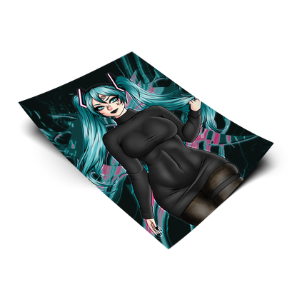 Goth Hatsune Miku anime art print shown on a plain background. 11x17 Vocaloid inspired poster of goth Miku in a black sweater dress with teal twintails.