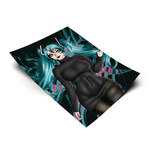 Goth Hatsune Miku anime art print shown on a plain background. 11x17 Vocaloid inspired poster of goth Miku in a black sweater dress with teal twintails.