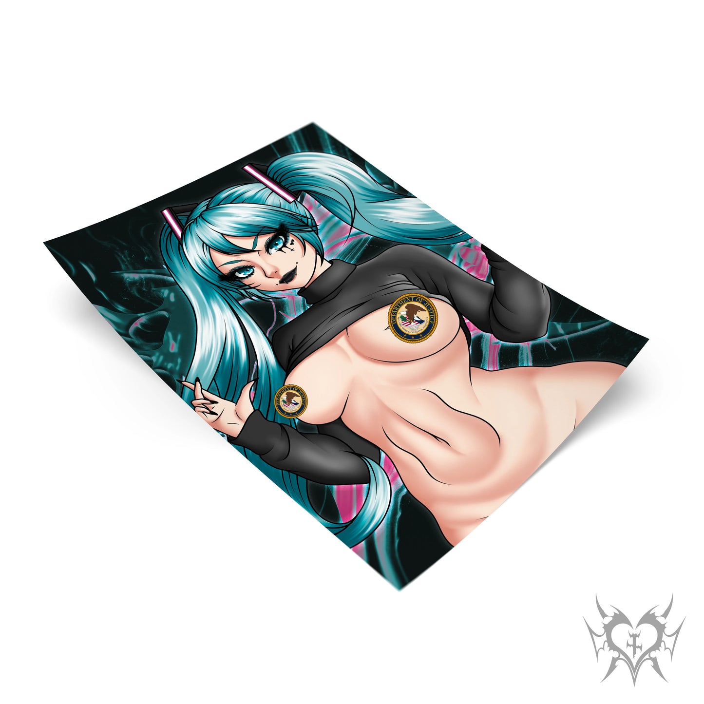 [Classified] Goth Hatsune Miku anime art print with a teal and pink abstract background.