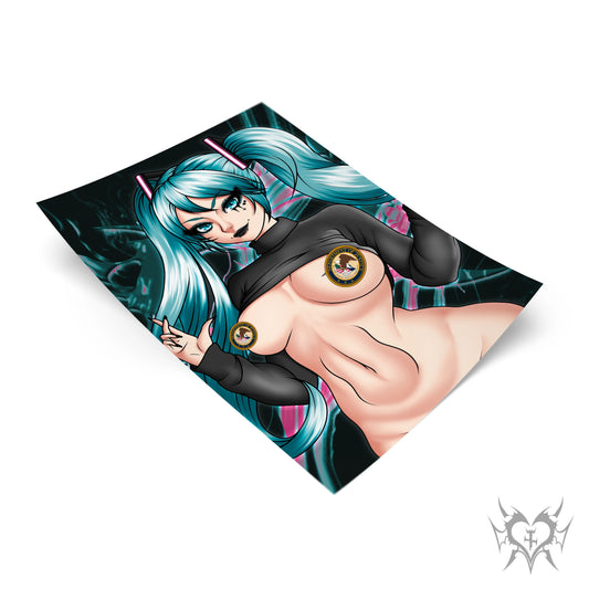 [Classified] Goth Hatsune Miku anime art print with a teal and pink abstract background.