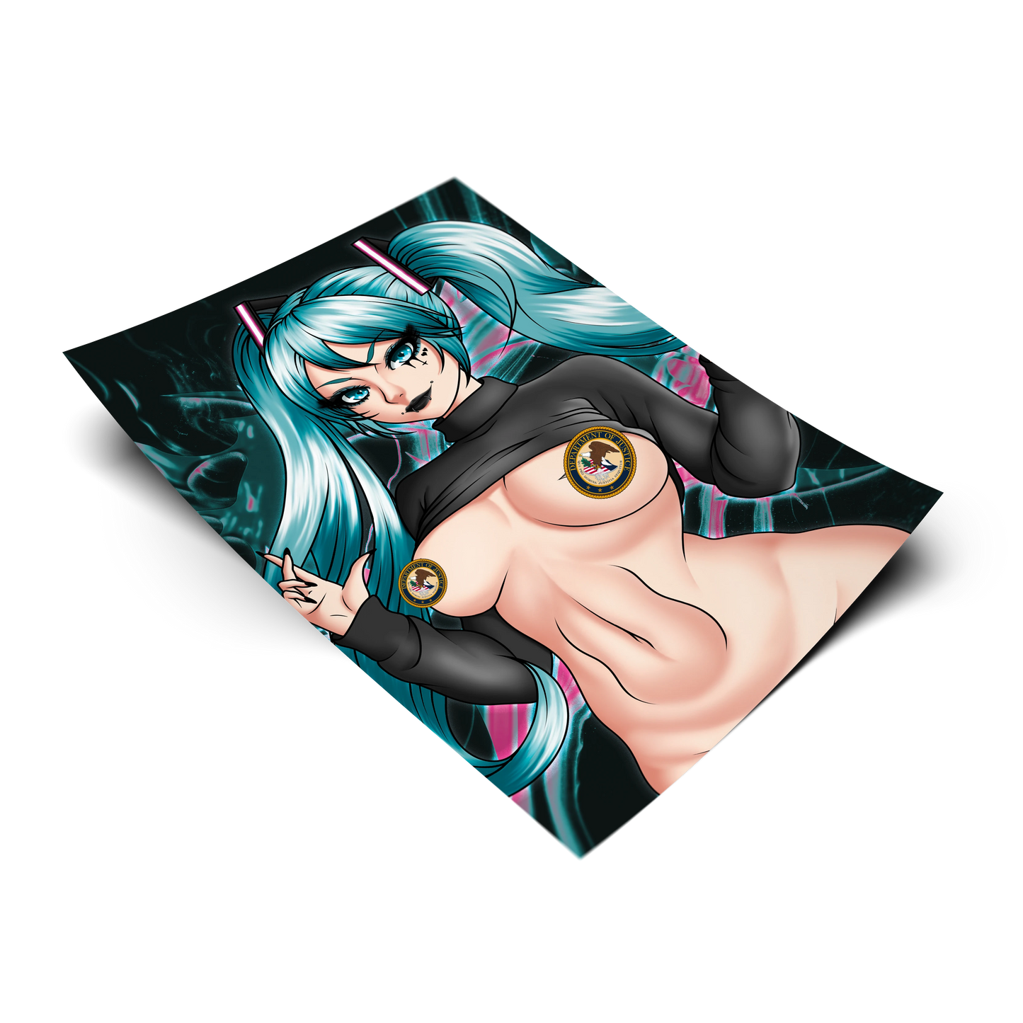 [Classified] Goth Hatsune Miku anime art print shown on a plain background. 11x17 Vocaloid inspired poster of goth Miku censored with Department of Justice seals.