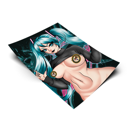 [Classified] Goth Hatsune Miku anime art print shown on a plain background. 11x17 Vocaloid inspired poster of goth Miku censored with Department of Justice seals.