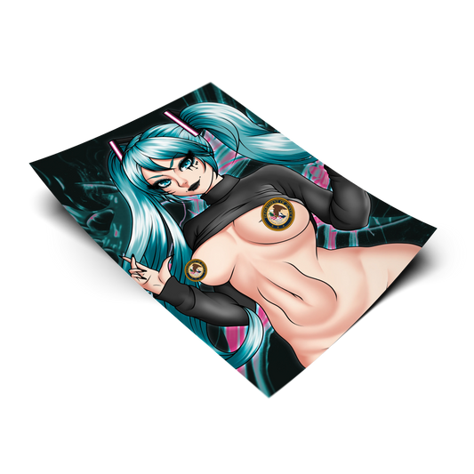 [Classified] Goth Hatsune Miku anime art print shown on a plain background. 11x17 Vocaloid inspired poster of goth Miku censored with Department of Justice seals.