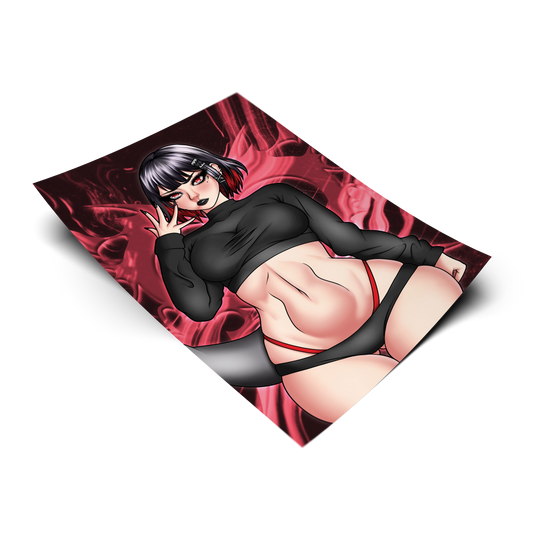Goth Ellen Joe anime art print shown on a plain background. 11x17 Zenless Zone Zero inspired poster of Ellen Joe in a black crop sweater with her gray shark tail.