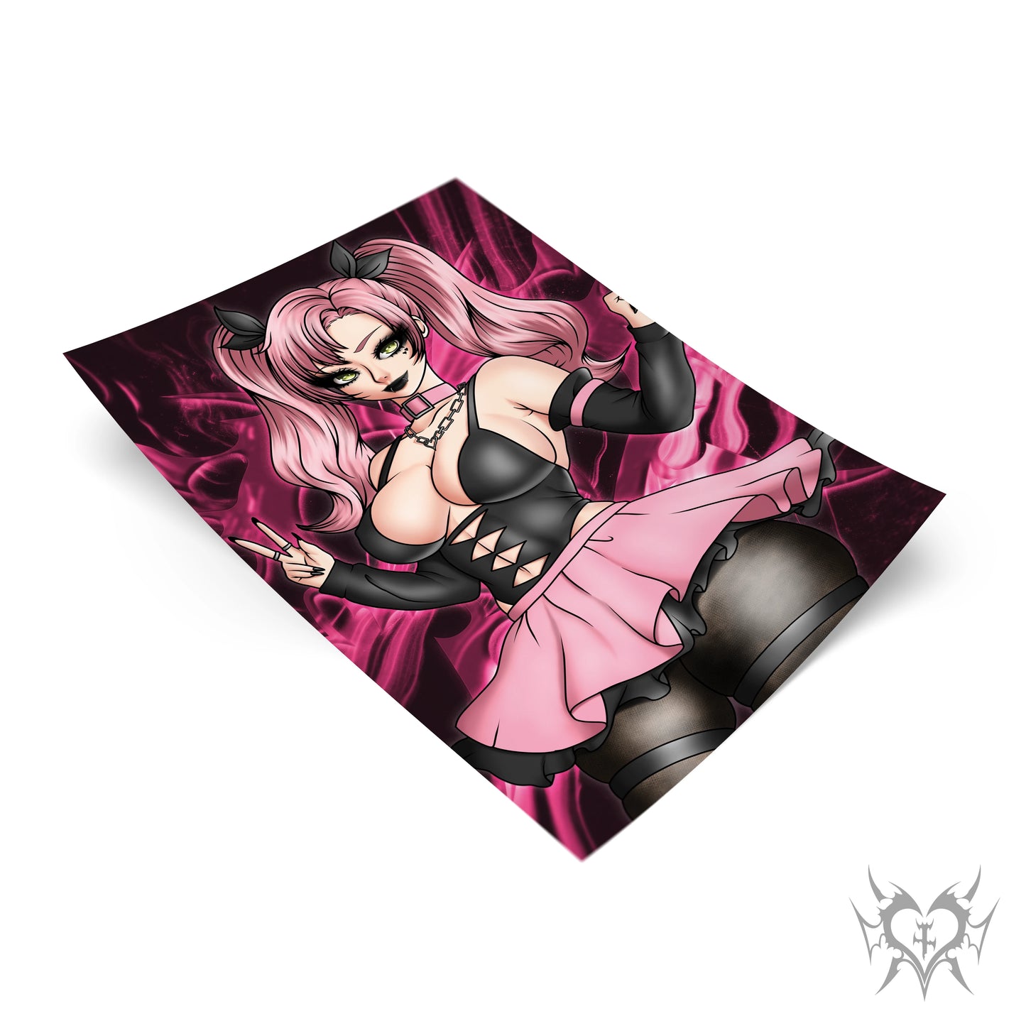 Goth Nicole Demara anime art print with a pink abstract background.