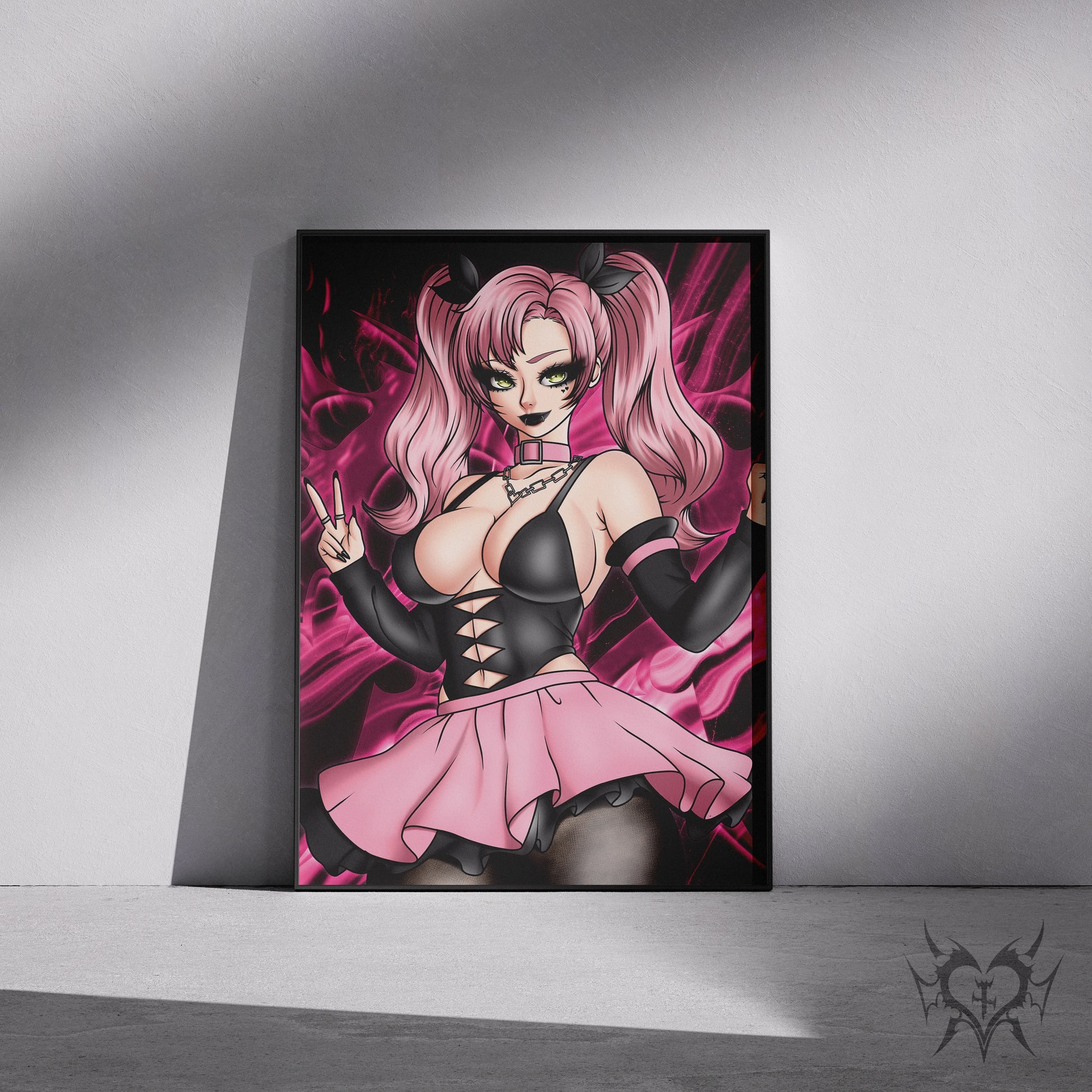 Framed Goth Nicole Demara anime art print displayed in a black 11x17 frame leaning against a wall.