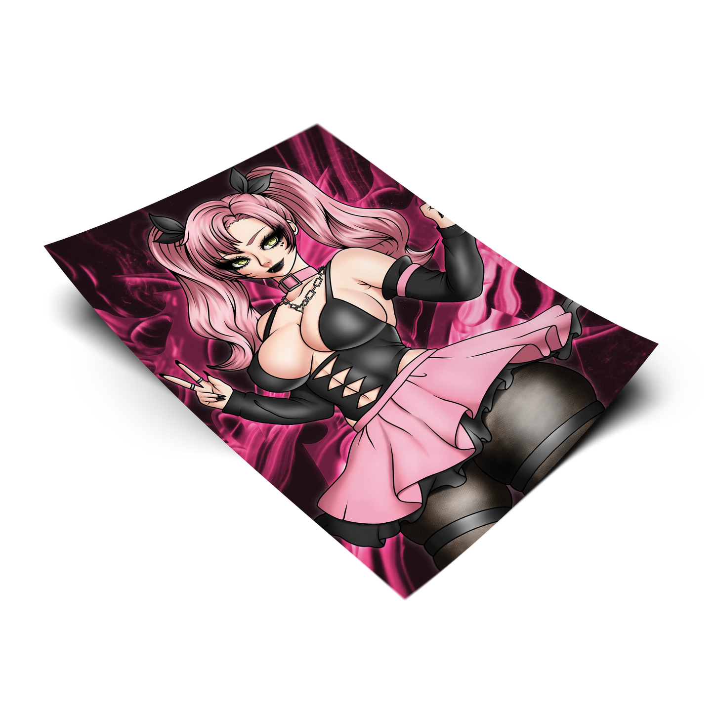 Goth Nicole Demara anime art print shown on a plain background. 11x17 Zenless Zone Zero inspired poster of Nicole Demara in a black corset top and pink skirt.