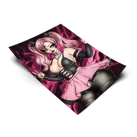 Goth Nicole Demara anime art print shown on a plain background. 11x17 Zenless Zone Zero inspired poster of Nicole Demara in a black corset top and pink skirt.