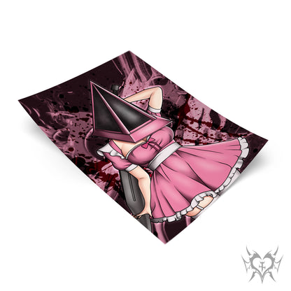 Lady Pyramid Head anime art print with a dark pink abstract blood-splatter background.