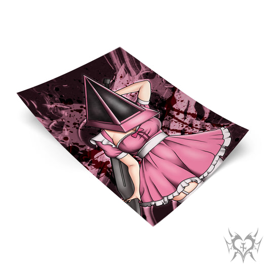 Lady Pyramid Head anime art print with a dark pink abstract blood-splatter background.