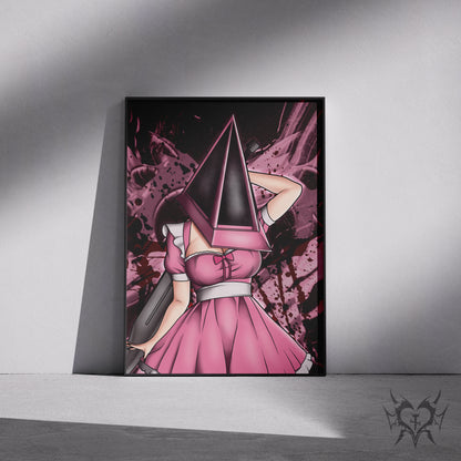 Framed Lady Pyramid Head anime art print displayed in a black 11x17 frame leaning against a wall.