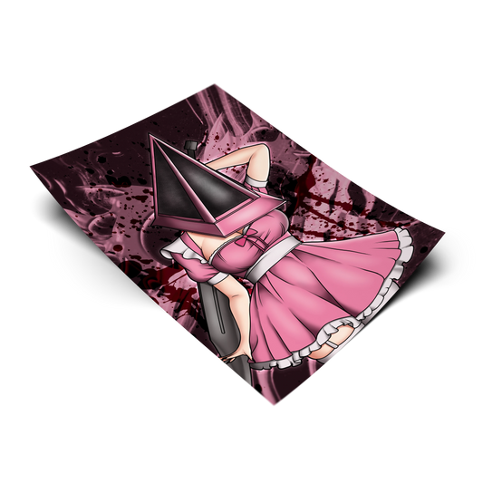 Lady Pyramid Head anime art print shown on a plain background. 11x17 Silent Hill inspired poster of Lady Pyramid Head in a pink dress with her pyramid helmet and great knife.