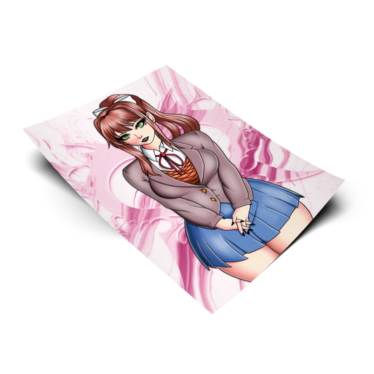 Monika anime art print shown on a plain background. 11x17 Doki Doki Literature Club inspired poster of Monika in her school uniform.