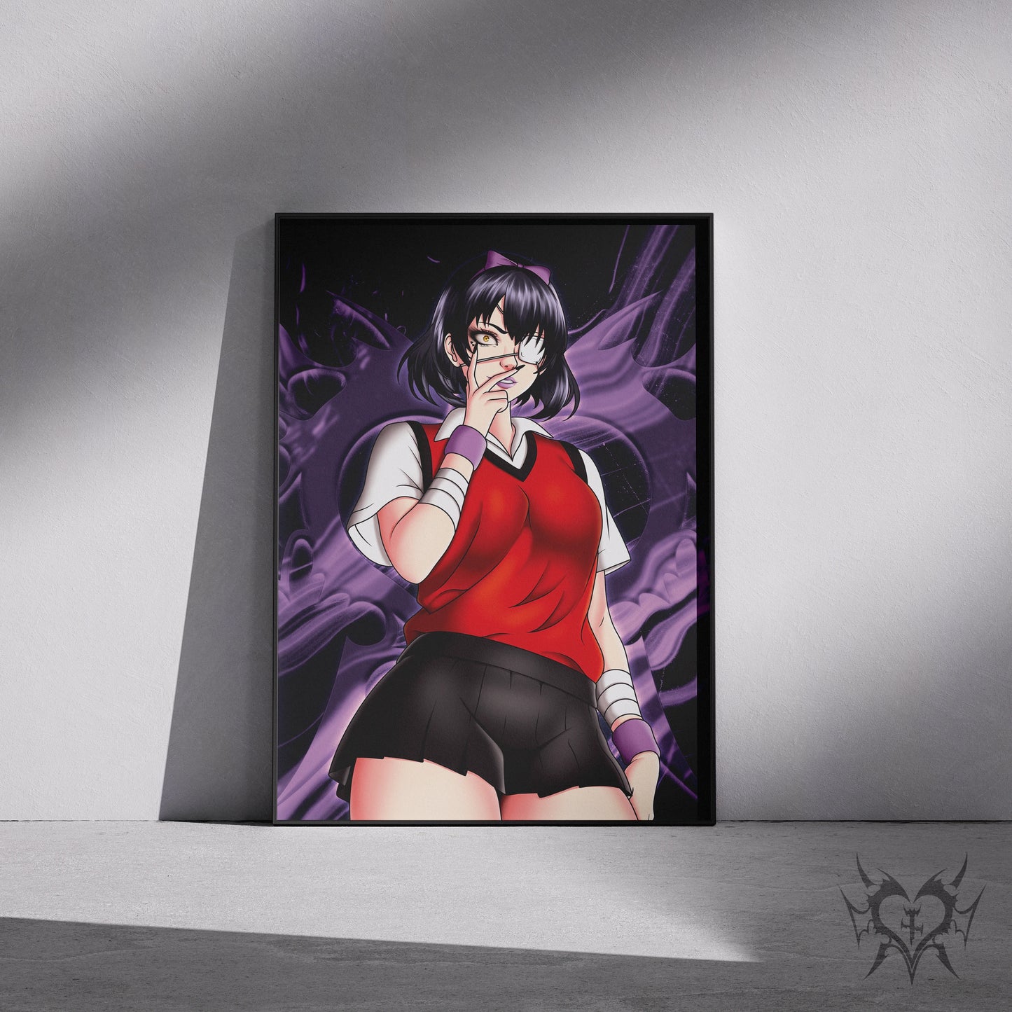Framed Midari Ikishima anime art print displayed in a black 11x17 frame leaning against a wall.