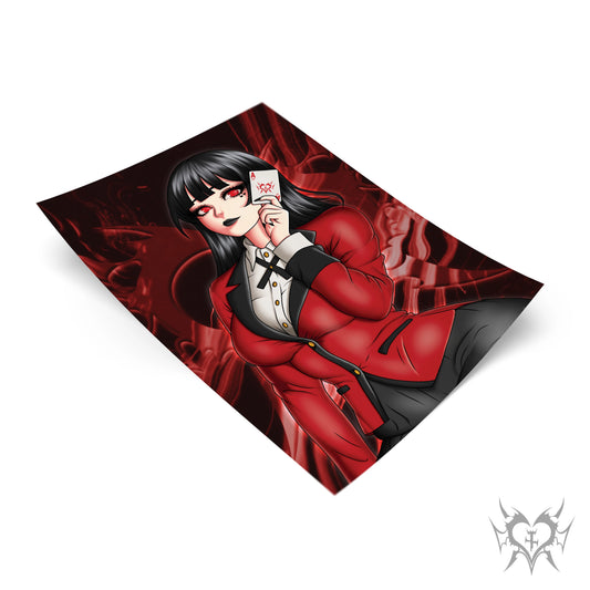 Yumeko Jabami anime art print with a red abstract background.