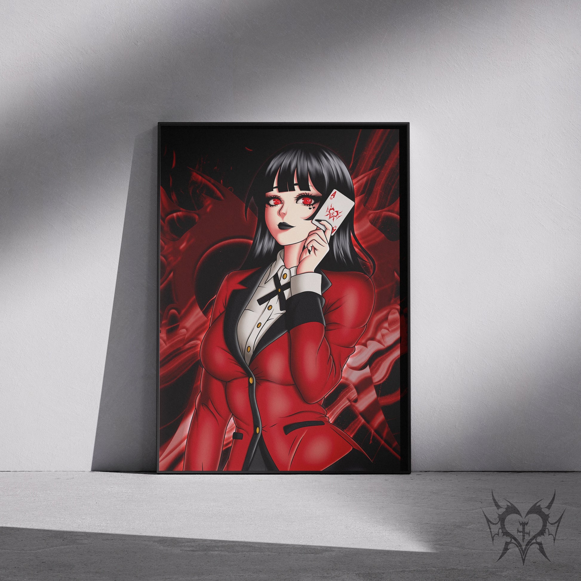 Framed Yumeko Jabami anime art print displayed in a black 11x17 frame leaning against a wall.