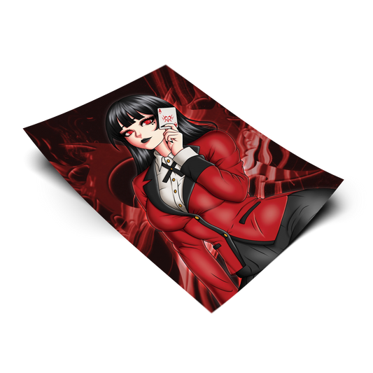 Yumeko Jabami anime art print shown on a plain background. 11x17 Kakegurui inspired poster of Yumeko in her red blazer holding an ace card.